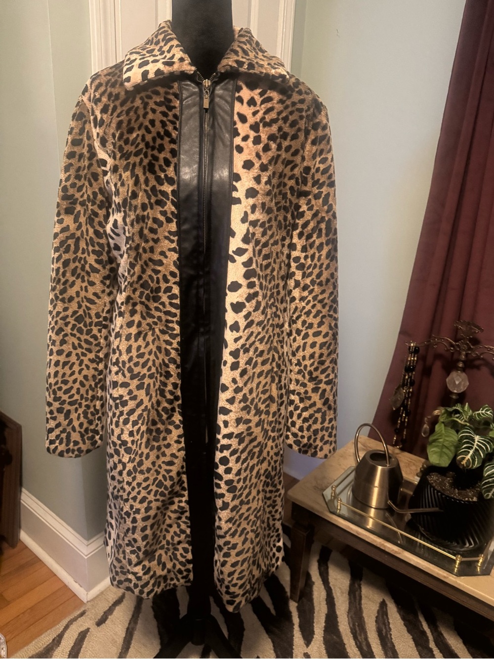Juliet Michelle Leopard Print Faux Fur Long Coat Womens M Zip Front Black Trim